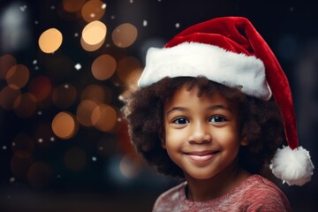 A african american girl in a Santa hat against the background of a Christmas tree and Christmas lights