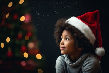 A african american boy in a Santa hat against the background of a Christmas tree and Christmas lights