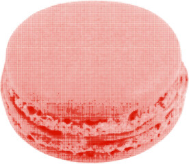 Macaron French confection, one close-up, isolated, from circle dots of different sizes on white background