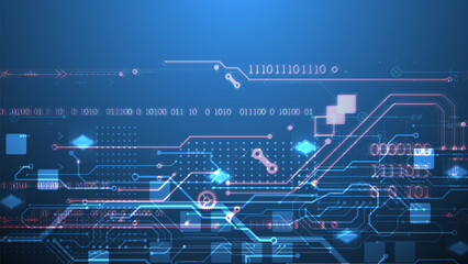 Abstract circuit board on gradient color background. Hand drawn digital technology concept. Vector