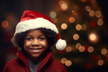 A african american boy in a Santa hat against the background of a Christmas tree and Christmas lights