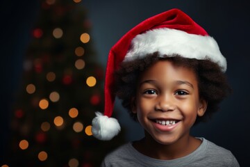 A african american boy in a Santa hat against the background of a Christmas tree and Christmas lights