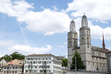 Zurich, Switzerland. View of the historic city center with famous Grossmunster Cathedral.