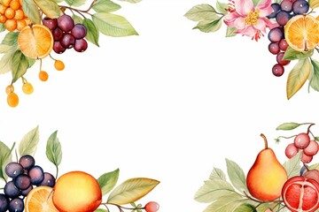 Watercolor frame with fruits and flowers on a white background. Generative AI