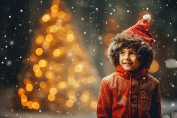A indian boy in a Santa hat against the background of a Christmas tree and Christmas lights