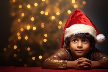 A indian boy in a Santa hat against the background of a Christmas tree and Christmas lights