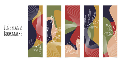 Set of 5 bookmarks with colored waves and decorative elements. Elegant colors. Line botanical illustration. Rectangular bookmark templates for reading. Isolated on white background.	