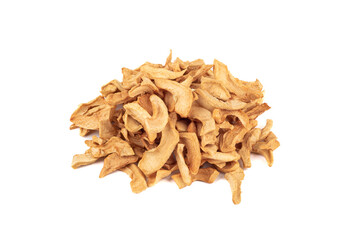 Pile of dried apple slices on a white background.