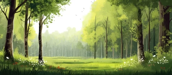 Fotobehang The illustration of a summer landscape showcases a beautiful background with a textured wood design isolated trees and lush green grass while the light gently illuminates the leaves in the  © TheWaterMeloonProjec
