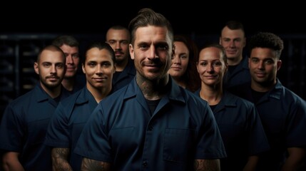 A diverse group of automotive technicians on a navy blue background.
