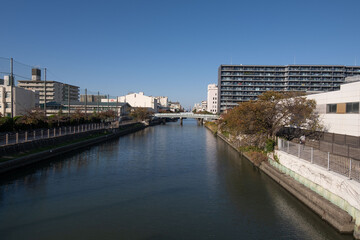 大阪、都市、風景、川、橋、秋	
