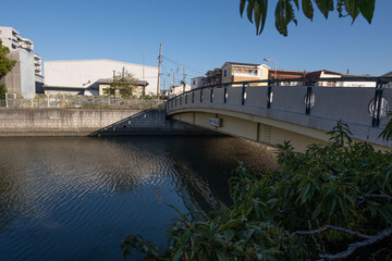大阪、都市、風景、川、橋、秋	