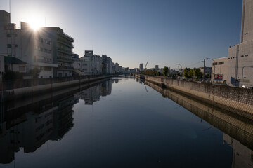 大阪、都市、風景、川、橋、秋	