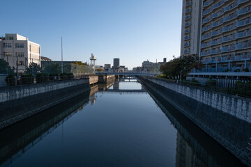 大阪、都市、風景、川、橋、秋	