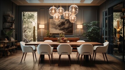 Dining room with a modern chandelier, Contemporary Dining chair.