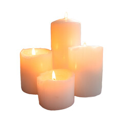 four candles, on a white background,Four white candles flame burning on dark background with copy...