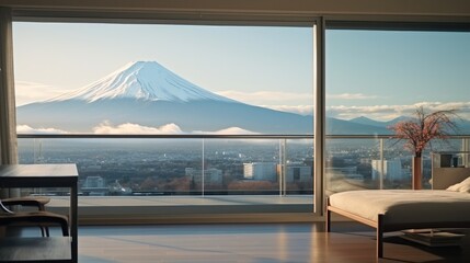 Mount Fuji out of window of a bedroom in winter, Minimalist.