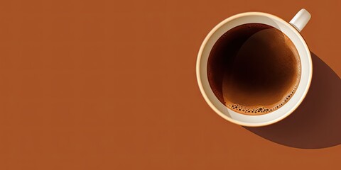 Aromatic coffee cup and saucer on bright background. Morning delight. Hot espresso in minimalist. Flat view of freshly cappuccino in white mug
