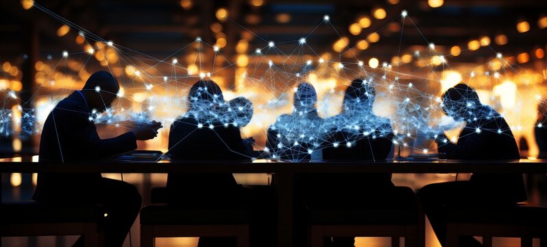Silhouetted Business Professionals Engaged in Networked Discussion Against a Backlit Evening Backdrop
