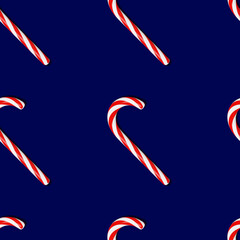 Christmas candy cane seamless pattern blue background. Christmastide lollipop caramel stick. Festive ornaments Xmas Saint Nicholas Day Winter holiday seasonal decoration flat lay print design element