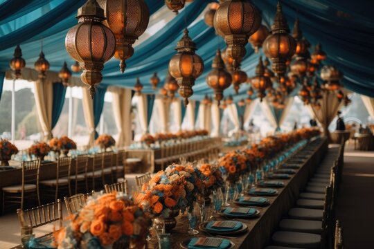 Regal orange and blue hanging lanterns with flowers and tapestry in luxurious wedding reception tent.
