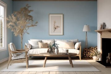 A minimalist country style living room, Warm and inviting, Blue tones.
