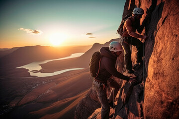 Summit Conquest. Climbers Reach the Mountain Summit at Sunrise Amidst Majestic Landscapes. Epic Adventure. Teamwork.	
