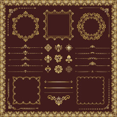 Vintage set of vector horizontal, square and round elements. Elements for backgrounds and frames. Classic brown and golden patterns. Set of vintage patterns