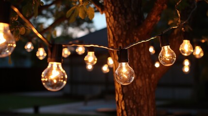 Decorative outdoor string lights hanging on tree in the garden at night time.