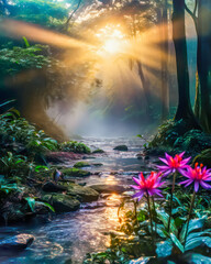 Exotic plants litter the forest floor, the setting sun illuminates a small stream in the forest. Dreamy forest landscape with vibrant colours