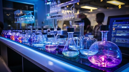 Futuristic Laboratory Themed Bar with Glowing Flasks and Beakers Set for a Scientific Mixology Experience