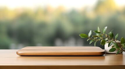 Serene Work From Home Setup with Wooden Desk, Plant Decor, and Blurred Natural Background