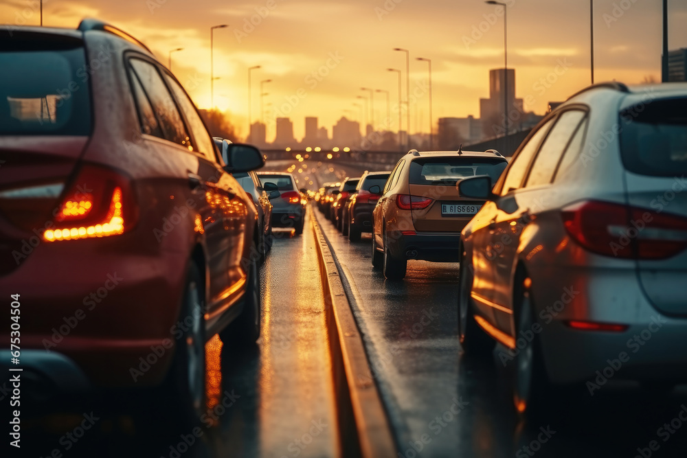Aufkleber car point of view of a big traffic jam on a highway.