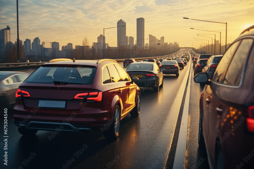 Poster car point of view of a big traffic jam on a highway.