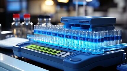 Advanced Automated Laboratory Equipment Conducting Biochemical Analysis in a Modern Research Facility - obrazy, fototapety, plakaty