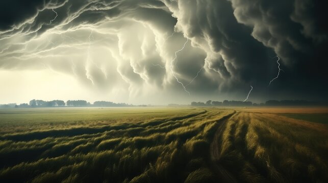 Natural disaster concept, Tornado raging over a landscape, Storm over cornfield, Super cell wall cloud moving over the rural landscape.