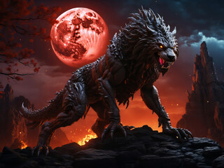 A wild werewolf on a hill with a blood moon in the background. - obrazy, fototapety, plakaty