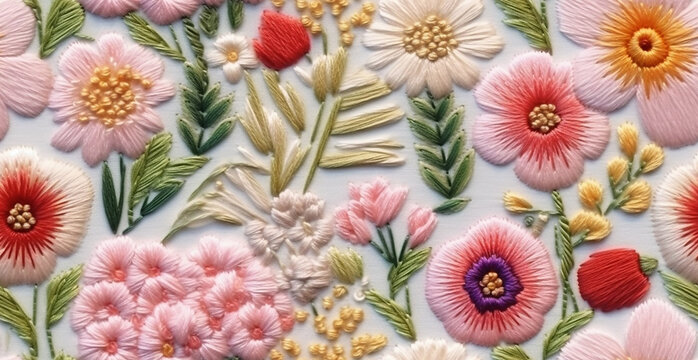 embroidery flowers in the style of sewing, vintage flowers bankground © peacefy