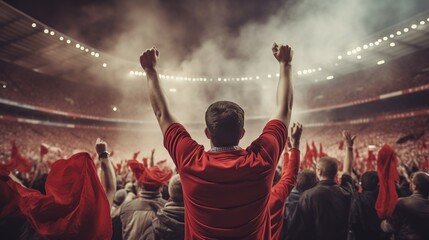 football Fans in red shirt show hands celebration on big stadium during football game - obrazy, fototapety, plakaty