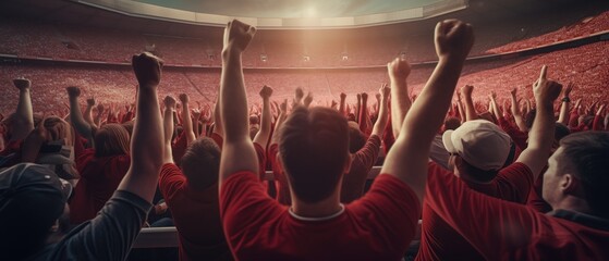 Fototapeta na wymiar football Fans in red shirt show hands celebration on big stadium during football game