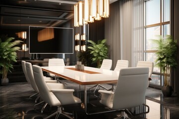 Fototapeta premium Modern Meeting Room, Large table, Chairs, Projector and whiteboard.