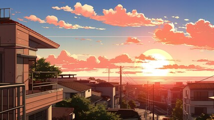 Obraz premium Serene Sunset Over Residential Area with Warm Skies and Ocean View from Elevated Balcony