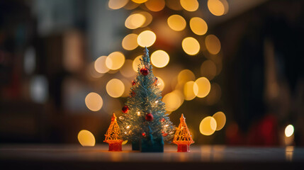 Fototapeta na wymiar Miniature Christmas tree with ornaments with beautiful blurred bokeh lights background
