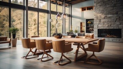 Interior Design, Chairs Around Long Wooden Table.