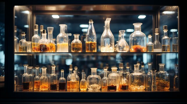A Collection of Various Elixirs in Glass Bottles Shimmering in a Mysterious Laboratory Display
