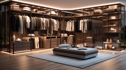 Modern light luxury style walk-in closet, Dressing area which full of luxury brands product and well organized.