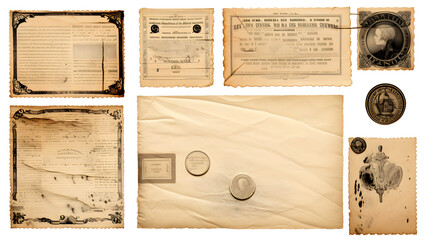 Ancient papers collection- letterhead, envelope, postcard, postage stamp, tag label, old paper blank isolated on white background. Retro style design. generative AI.