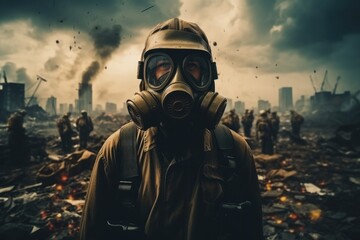 Man with gas mask in the middle of a disaster.