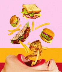 Giant female mouth tasting junk food. Burger, sandwich, burrito and fries falling into open mouth. Contemporary art. Concept of fast food, menu, unhealthy eating, delicious, pop art Poster for ad