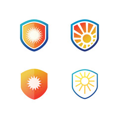 Sun and shield or protection logo in simple modern style on white background